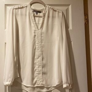 Ny collection woman’s white blouse long sleeve with chain on shoulders size m